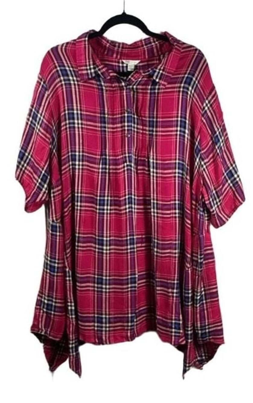 Cato Pink Plaid Button Down Short Sleeve Oversized Shirt Plus Size 26/28W